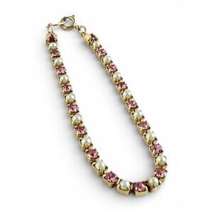 Vintage Avon Pink Rhinestone Faux Pearl Bracelet Gold Tone 1960s Style 7"